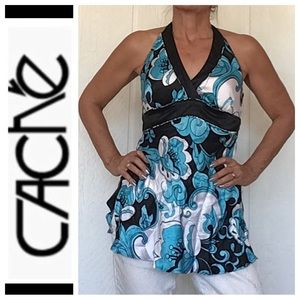 CACHE BLUE WHITE BLACK SILK HALTER TOP NWT WOMENS SIZE 10